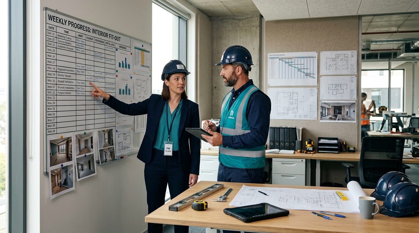 PM và giám sát cùng rà bảng tiến độ và khối lượng đã hoàn thành của đội thi công tại văn phòng công trình