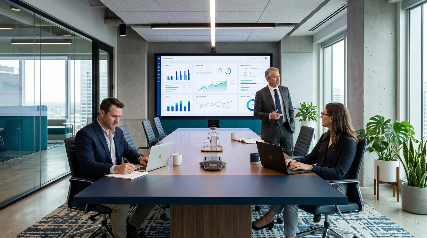 CEO xem dashboard điều hành tổng hợp backlog và dòng tiền trong phòng họp công ty nội thất