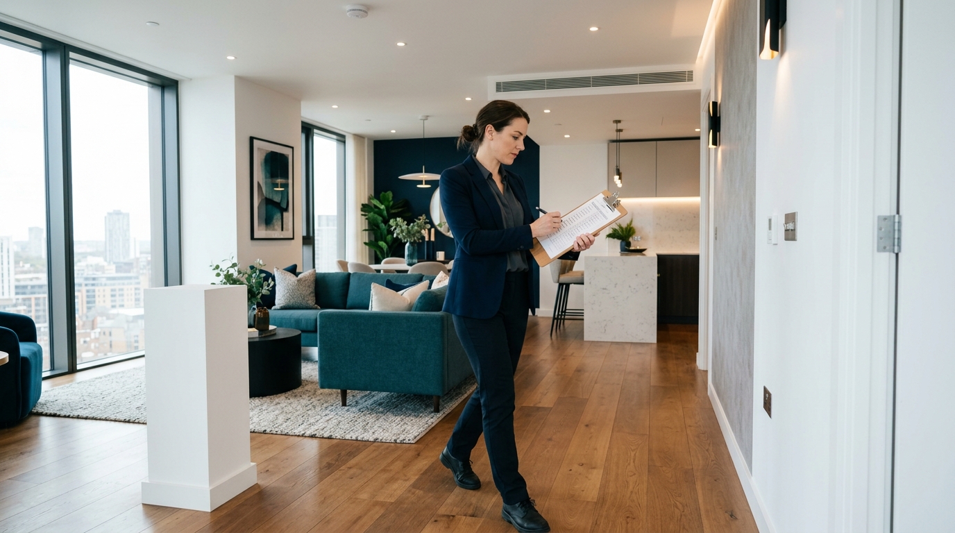 Quản lý dự án đi từng phòng căn hộ đã hoàn thiện và đánh dấu checklist bàn giao theo từng nhóm hạng mục