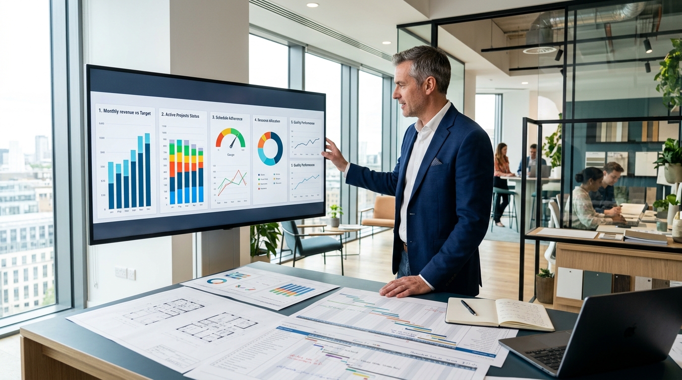 CEO công ty thi công nội thất đọc dashboard điều hành tuần với năm nhóm chỉ số trên màn hình