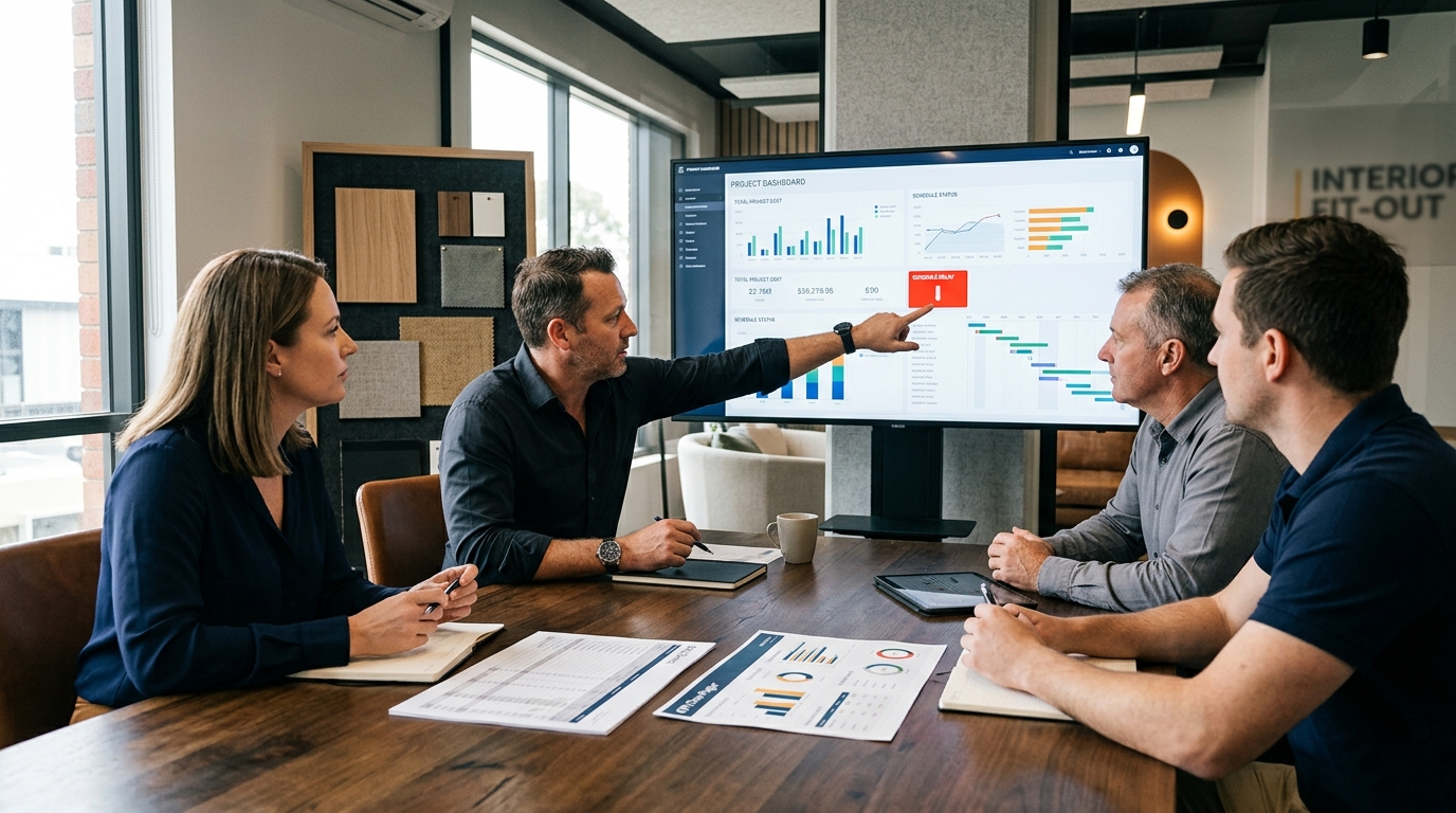 Cuộc họp điều hành xem dashboard chi phí và tiến độ công trình để chọn vấn đề cần xử lý trước