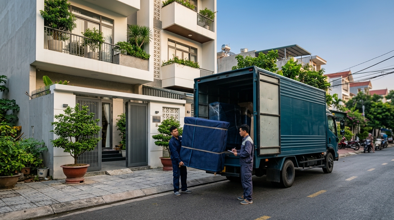 Xe giao nội thất dừng trước căn hộ khách, đội giao hàng bốc dỡ tủ đã đóng gói theo phiếu giao