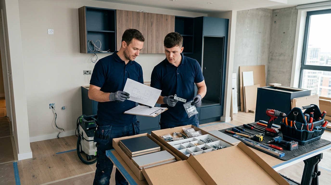 Đội lắp đặt kiểm đếm phụ kiện và đối chiếu checklist trước khi lắp tủ bếp tại căn hộ khách