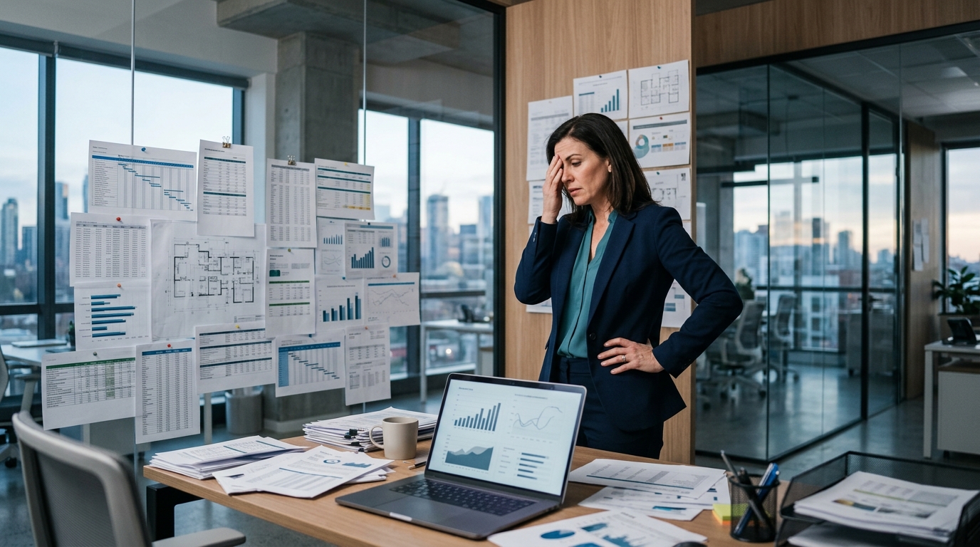 CEO doanh nghiệp nội thất xem nhiều báo cáo rời rạc trên bàn làm việc