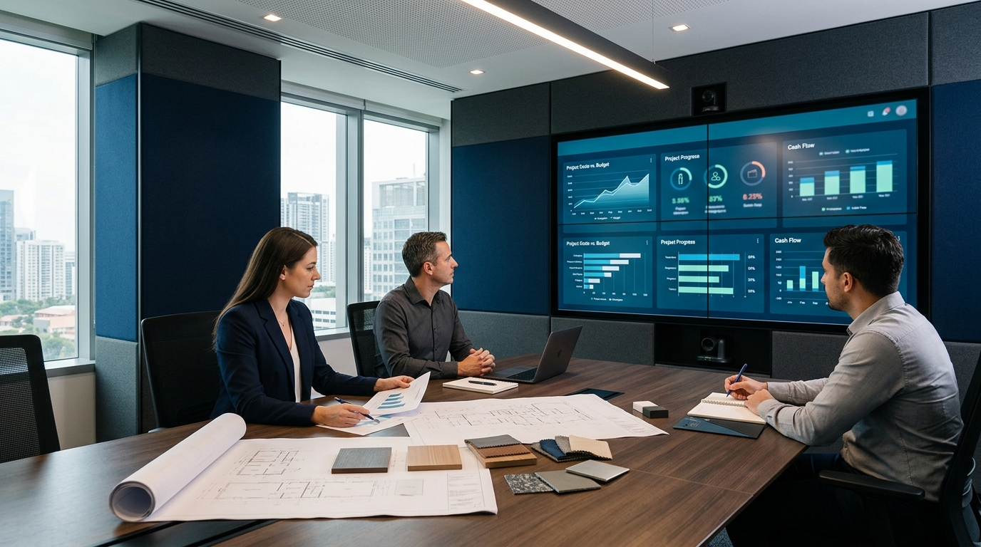 Màn hình dashboard điều hành hợp nhất doanh thu, chi phí, tiến độ và dòng tiền của các công trình