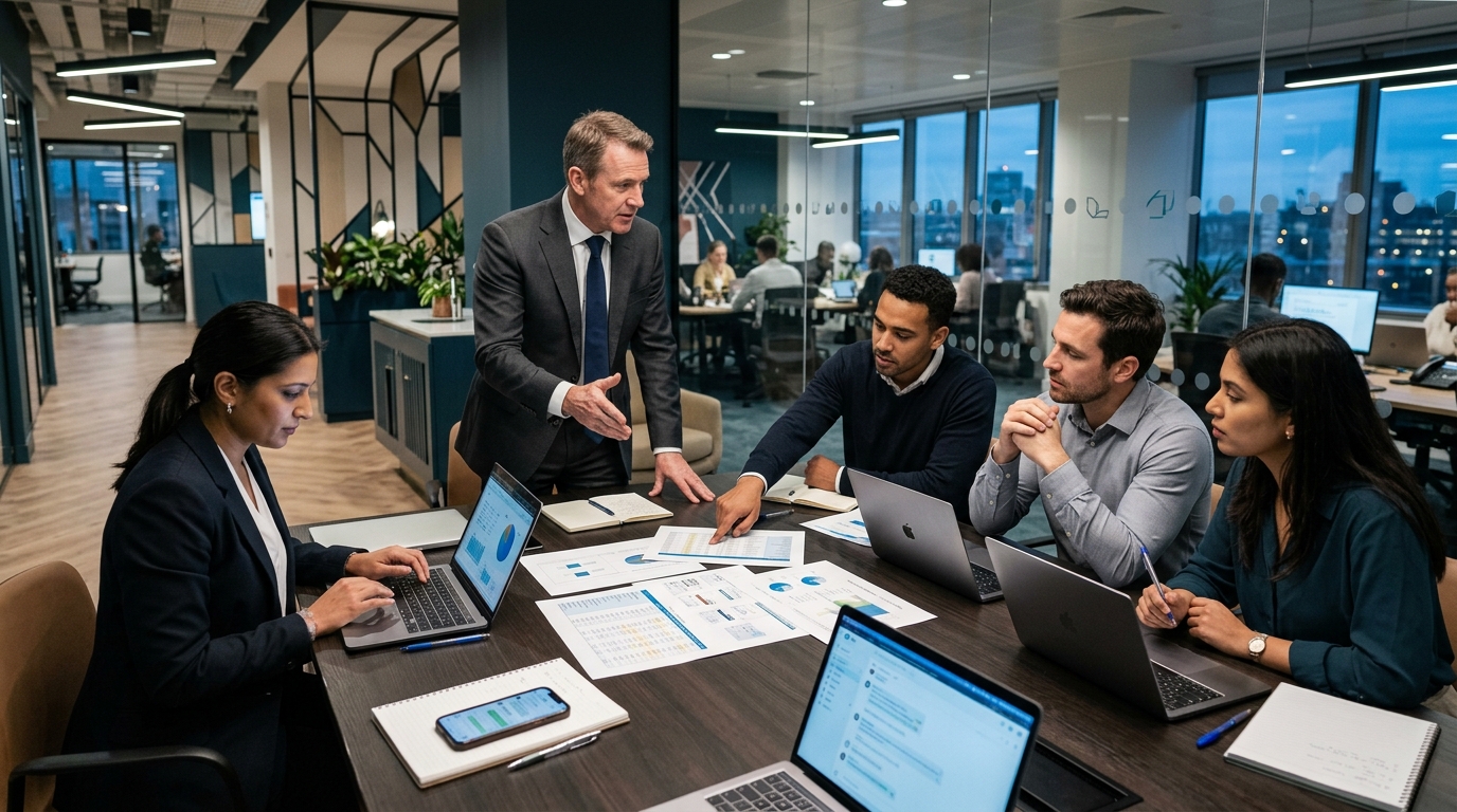 CEO doanh nghiệp nội thất đối chiếu nhiều nguồn số liệu rời rạc trên bàn làm việc