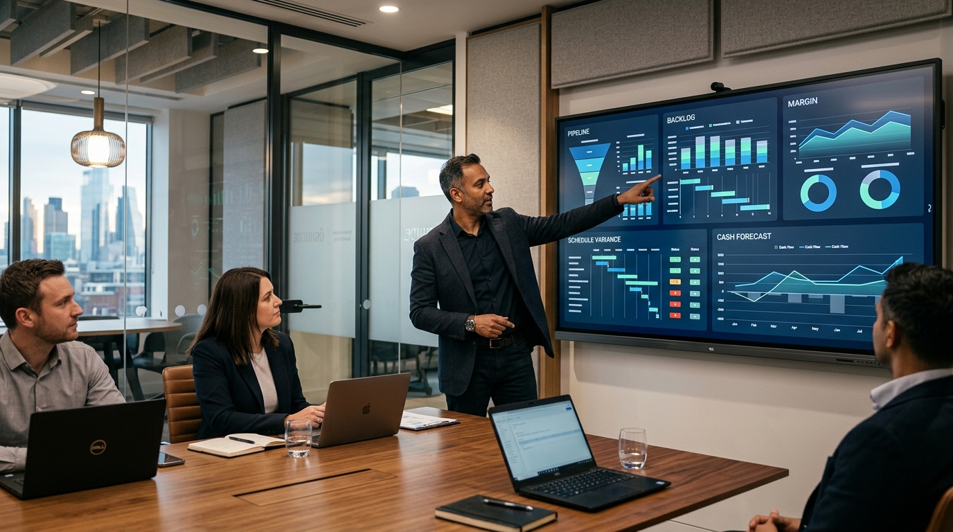 Dashboard điều hành hợp nhất pipeline, backlog, biên lợi nhuận, tiến độ và dòng tiền trên một màn hình