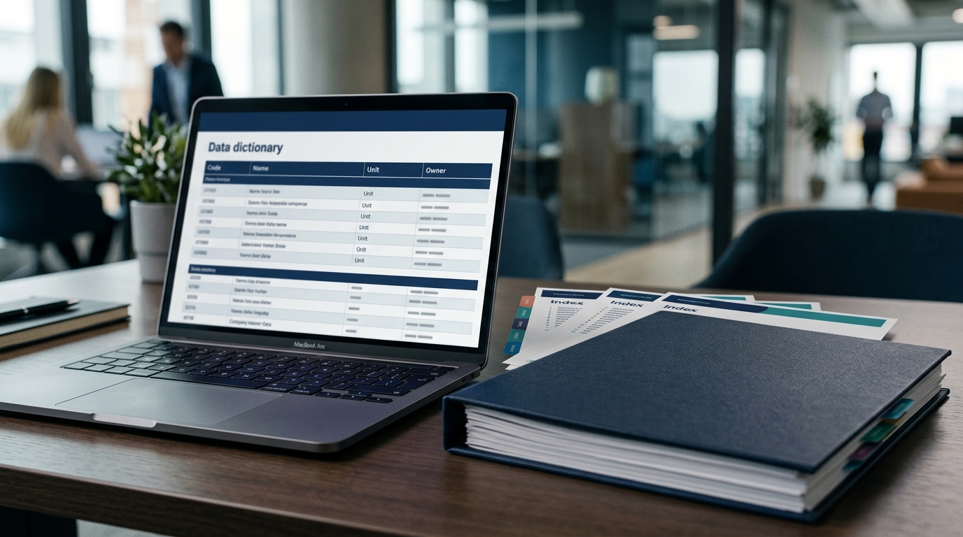 Data dictionary mẫu với mã, tên, đơn vị tính và người sở hữu từng trường dữ liệu