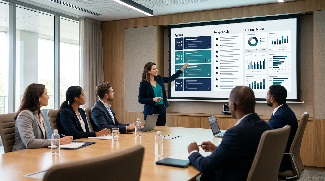 Agenda họp điều hành có khung thời gian và danh sách ngoại lệ cần xử lý