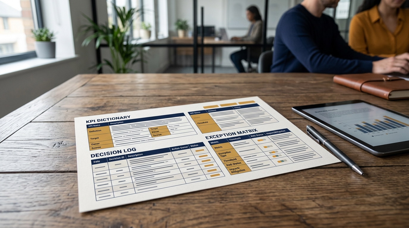 Bộ template quản trị chuẩn hóa gồm từ điển KPI, nhật ký quyết định và ma trận cảnh báo ngoại lệ