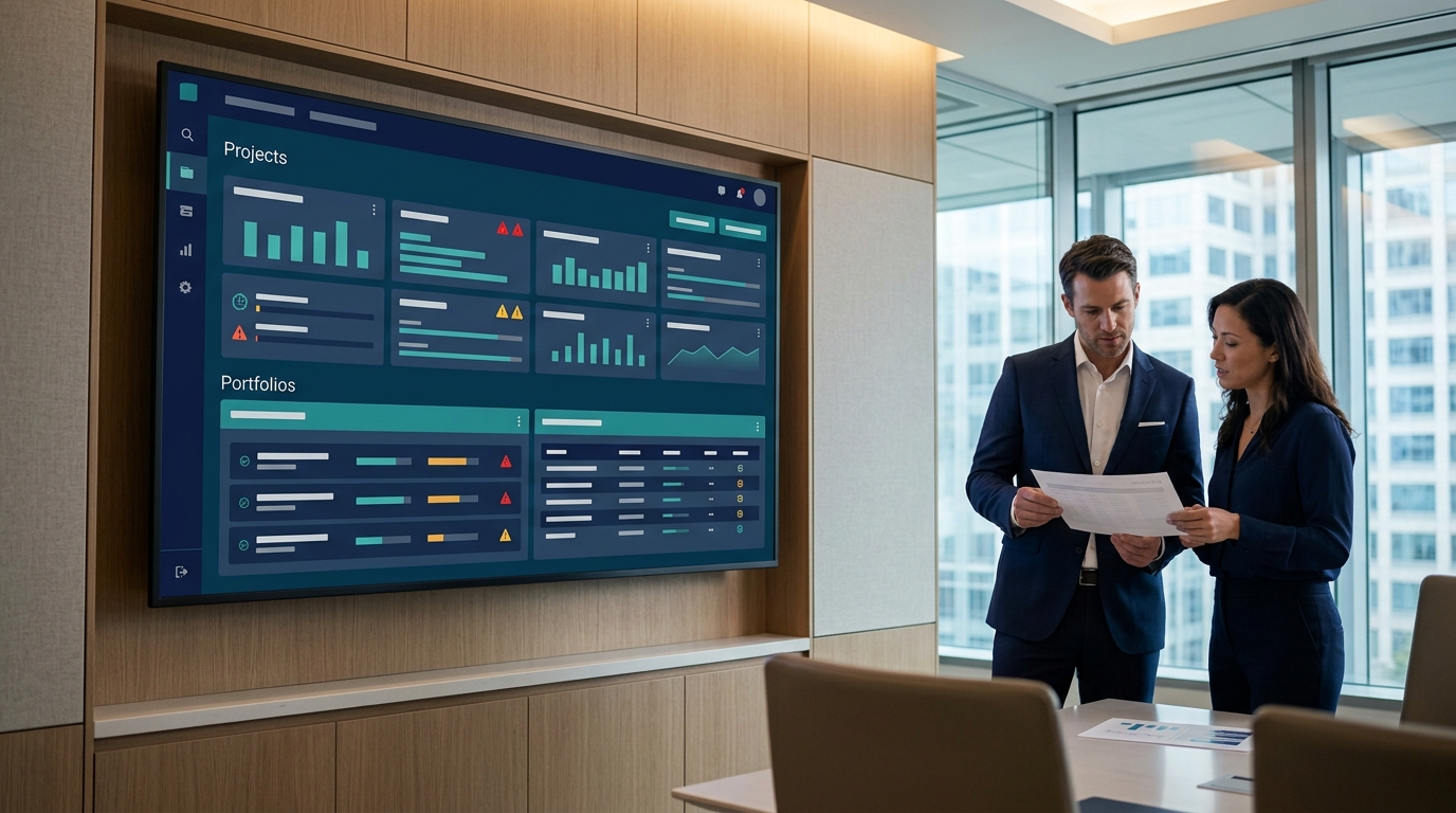 Dashboard CEO theo dự án và toàn danh mục với cờ cảnh báo ngoại lệ và nhật ký hành động