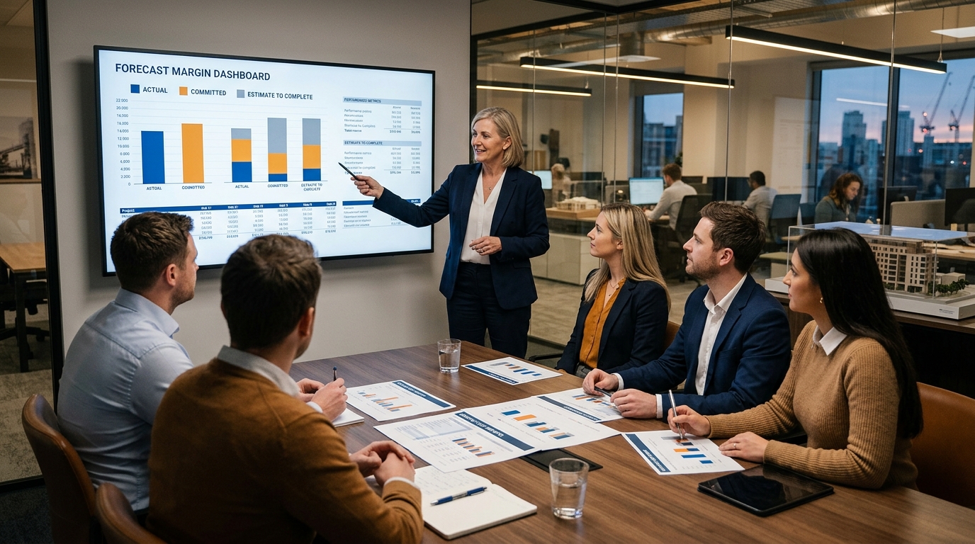 Cuộc họp rà soát lãi/lỗ công trình với dashboard biên lợi nhuận dự báo theo Actual, Committed và ETC