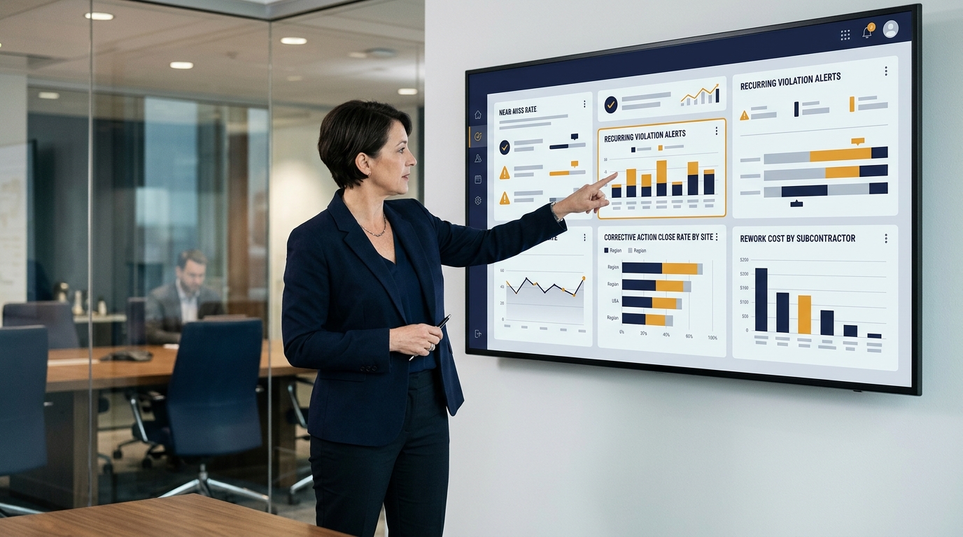 Màn hình dashboard an toàn – chất lượng: tần suất suýt tai nạn, khép kín khắc phục và chi phí làm lại