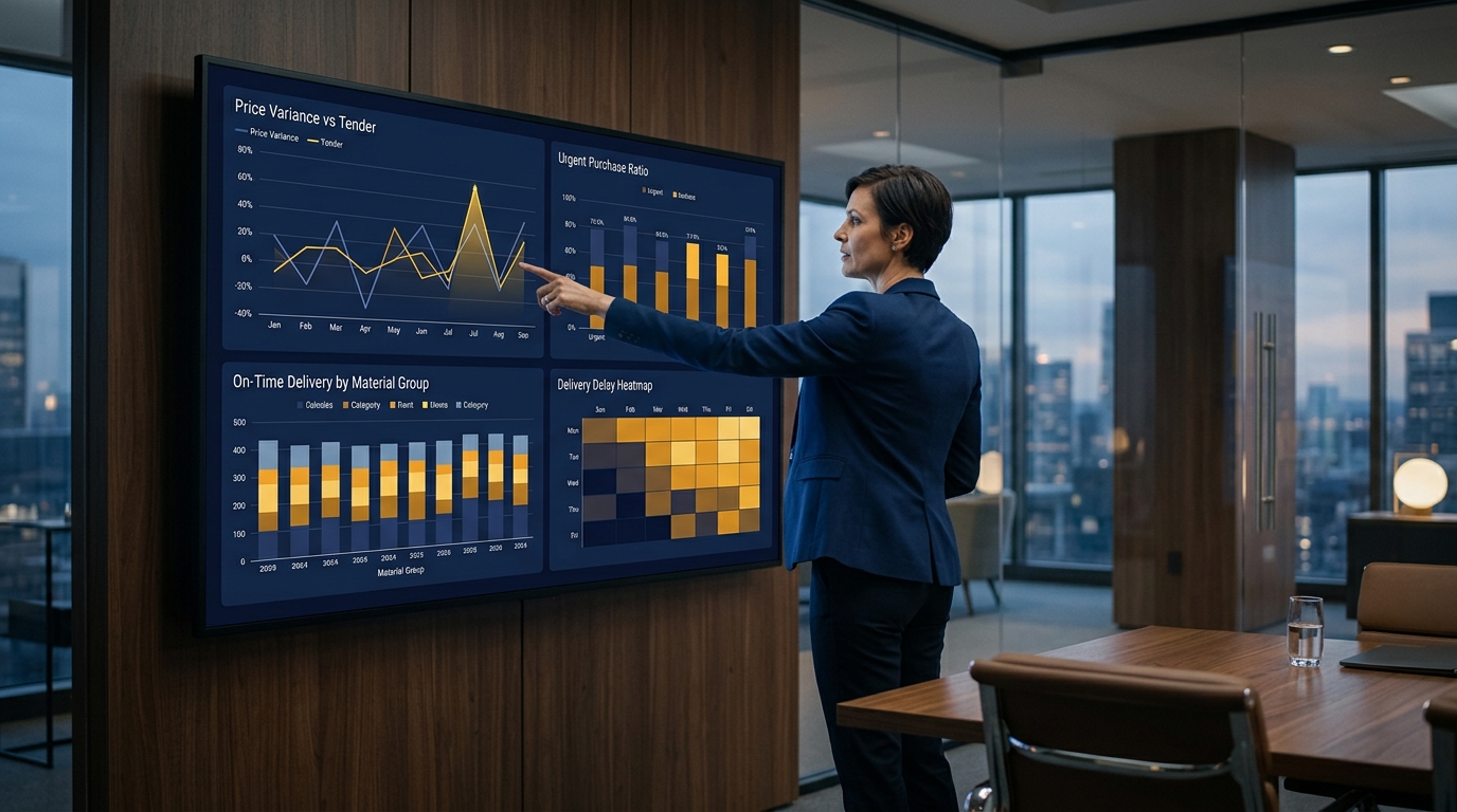 Màn hình dashboard thu mua: chênh lệch giá so với dự thầu, tỷ lệ mua gấp và độ trễ giao hàng