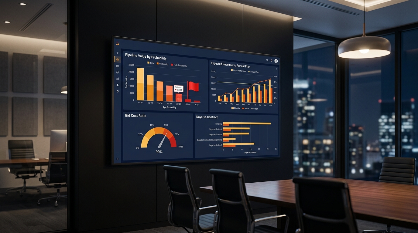 Màn hình dashboard kinh doanh: doanh thu kỳ vọng, chi phí săn gói và tốc độ ký hợp đồng