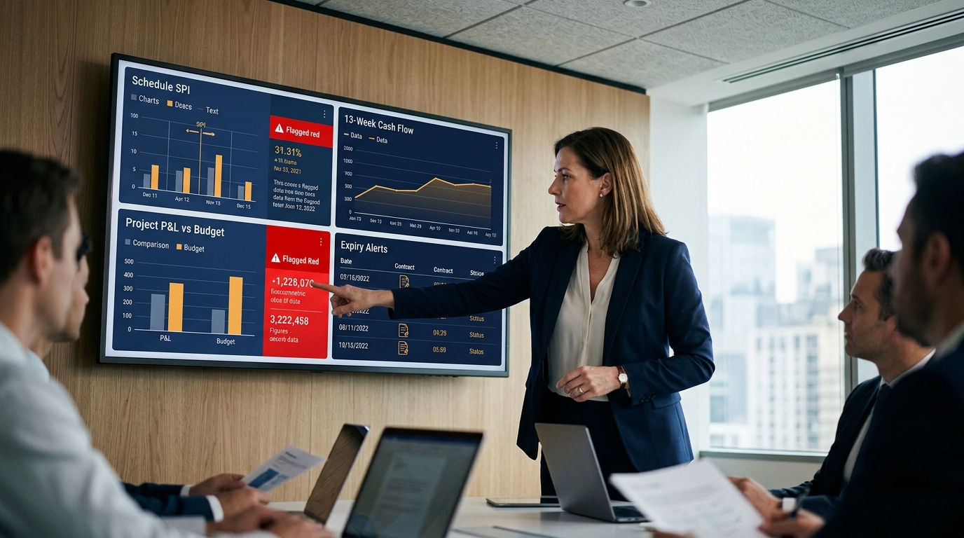 Màn hình dashboard bốn nhóm: tiến độ, dòng tiền, lãi lỗ và rủi ro với cảnh báo đỏ