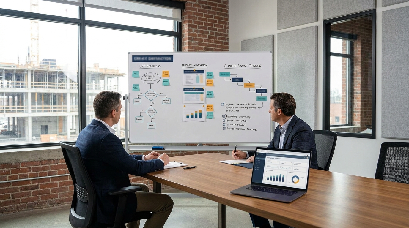 Chủ doanh nghiệp và CFO tổng thầu họp lập kế hoạch đầu tư ERP: checklist sẵn sàng, ngân sách và lộ trình 6 tháng