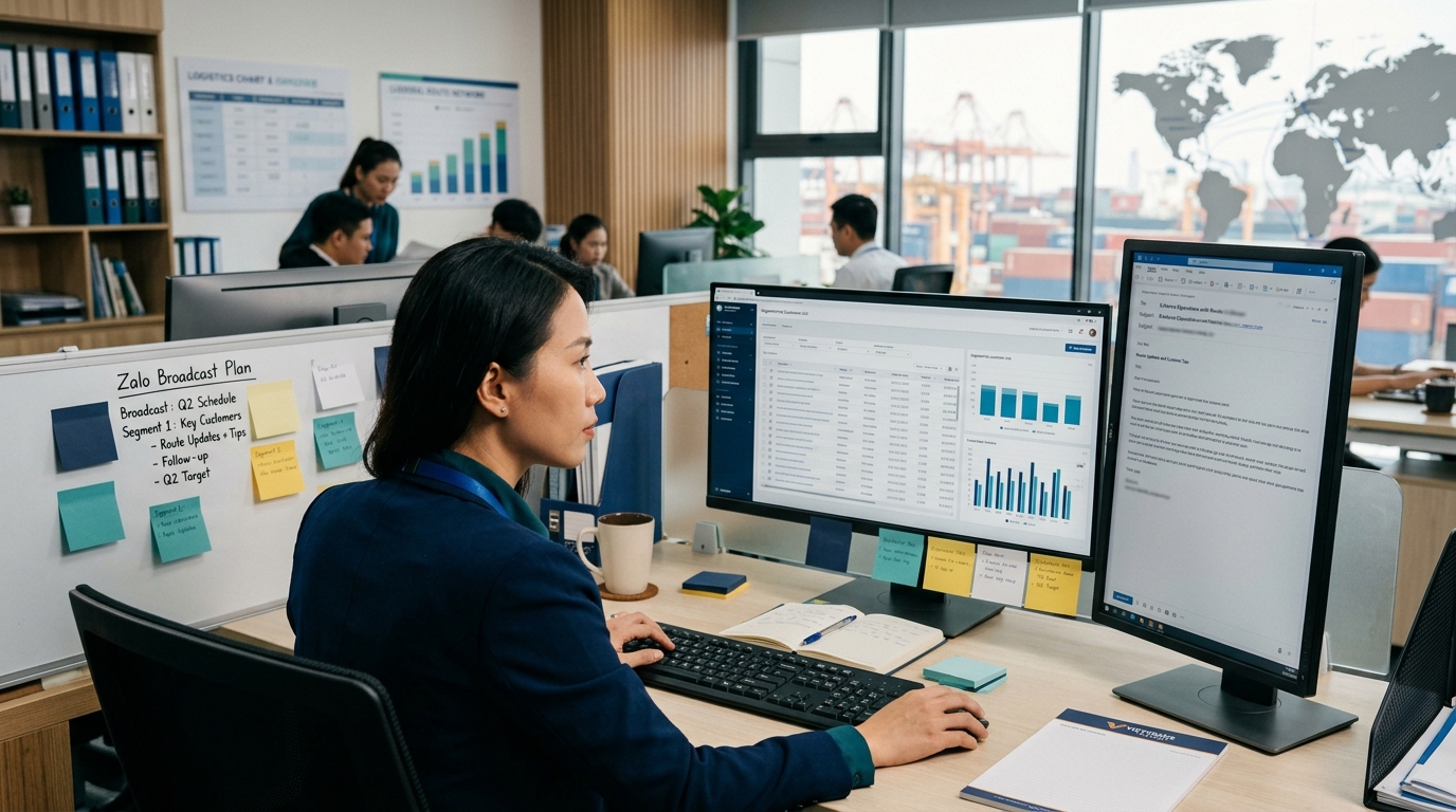 Nhân viên marketing vận tải container phân đoạn khách và soạn nội dung email giá trị