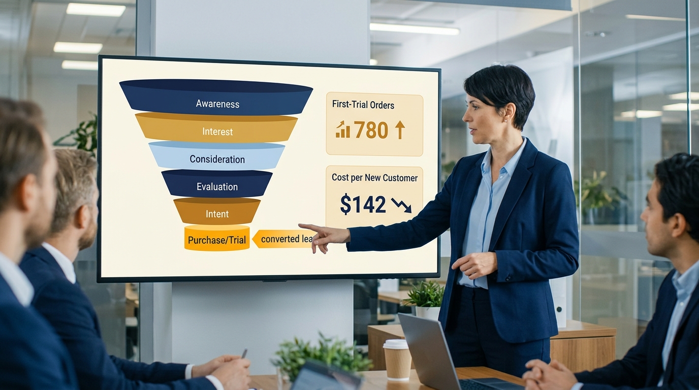 Màn hình phễu nuôi dưỡng khách B2B: nhận diện đến lô thử đầu tiên và chi phí thu hút