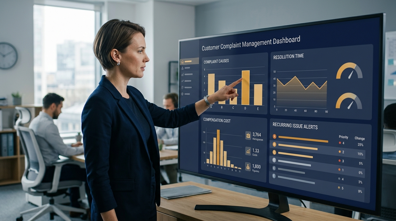 Màn hình dashboard khiếu nại: nguyên nhân, thời gian xử lý, chi phí bồi thường và lỗi lặp lại