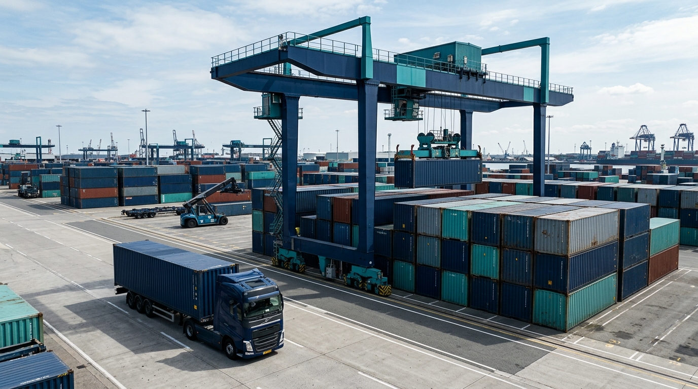 Bãi container CY với các container nguyên xếp tầng và cẩu giàn xếp dỡ