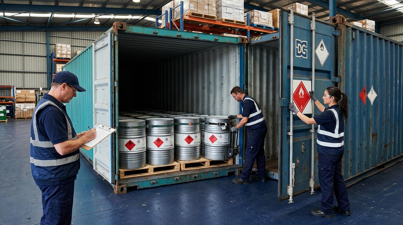 Kho forwarder đóng thùng phuy chất lỏng dễ cháy vào container, dán nhãn và bảng hàng nguy hiểm