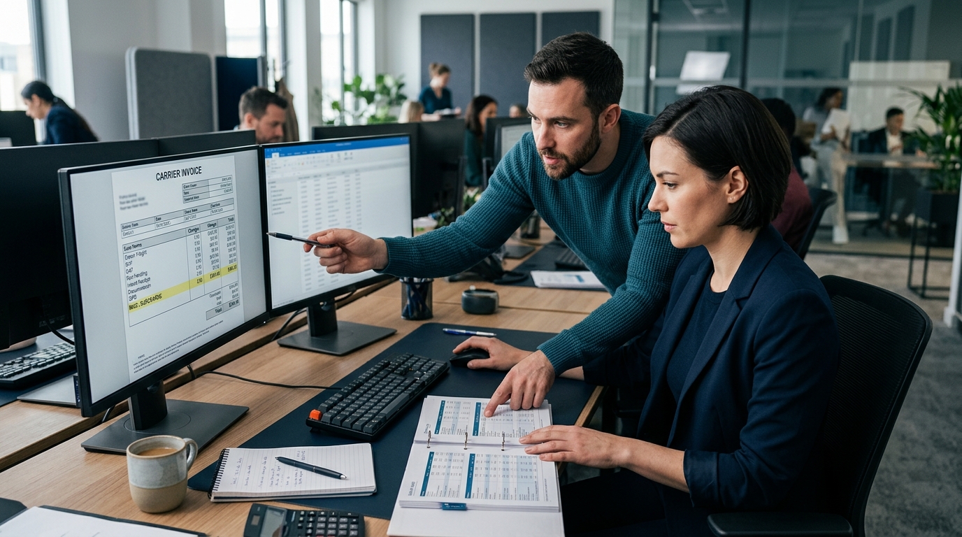 Kế toán forwarder rà soát hóa đơn hãng tàu với nhiều dòng phụ phí, đối chiếu bảng cước