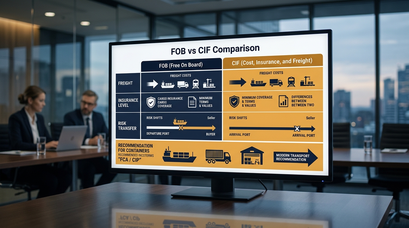 Màn hình so sánh FOB/CIF: cước, mức bảo hiểm, chuyển giao rủi ro và đề xuất FCA/CIP