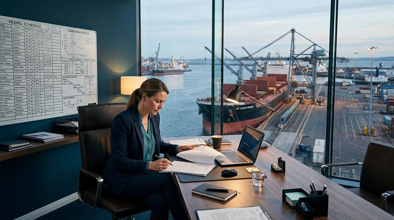 Nhân viên chartering rà soát hợp đồng thuê tàu và lịch tàu hàng rời