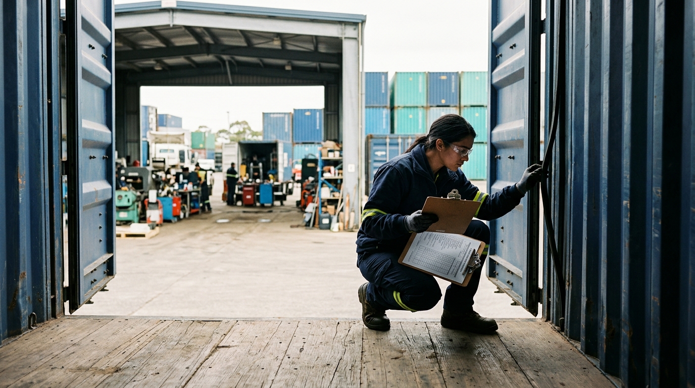 Kỹ thuật viên kiểm tra sàn và gioăng cửa container tại depot theo checklist CSC