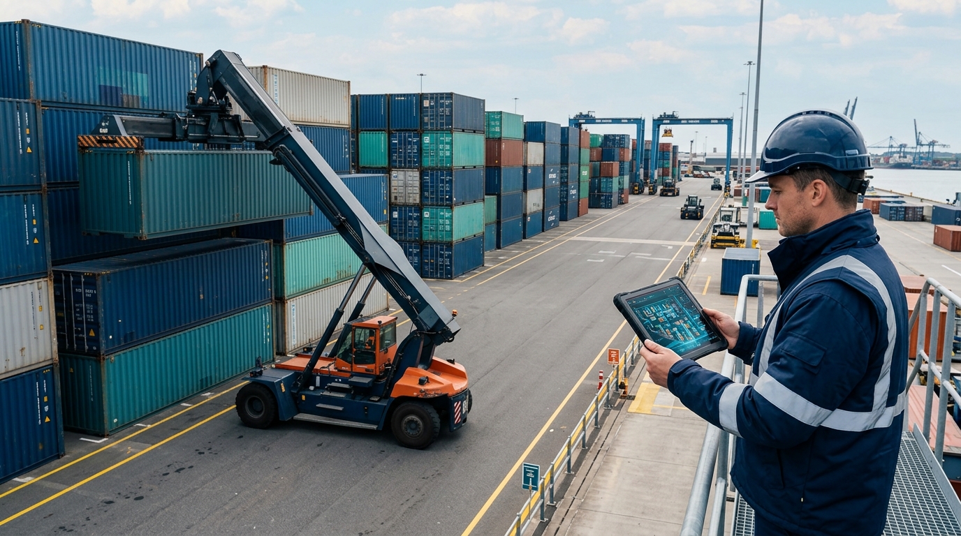 Bãi container với xe nâng di chuyển và nhân viên kế hoạch xem bản đồ bãi trên máy tính bảng