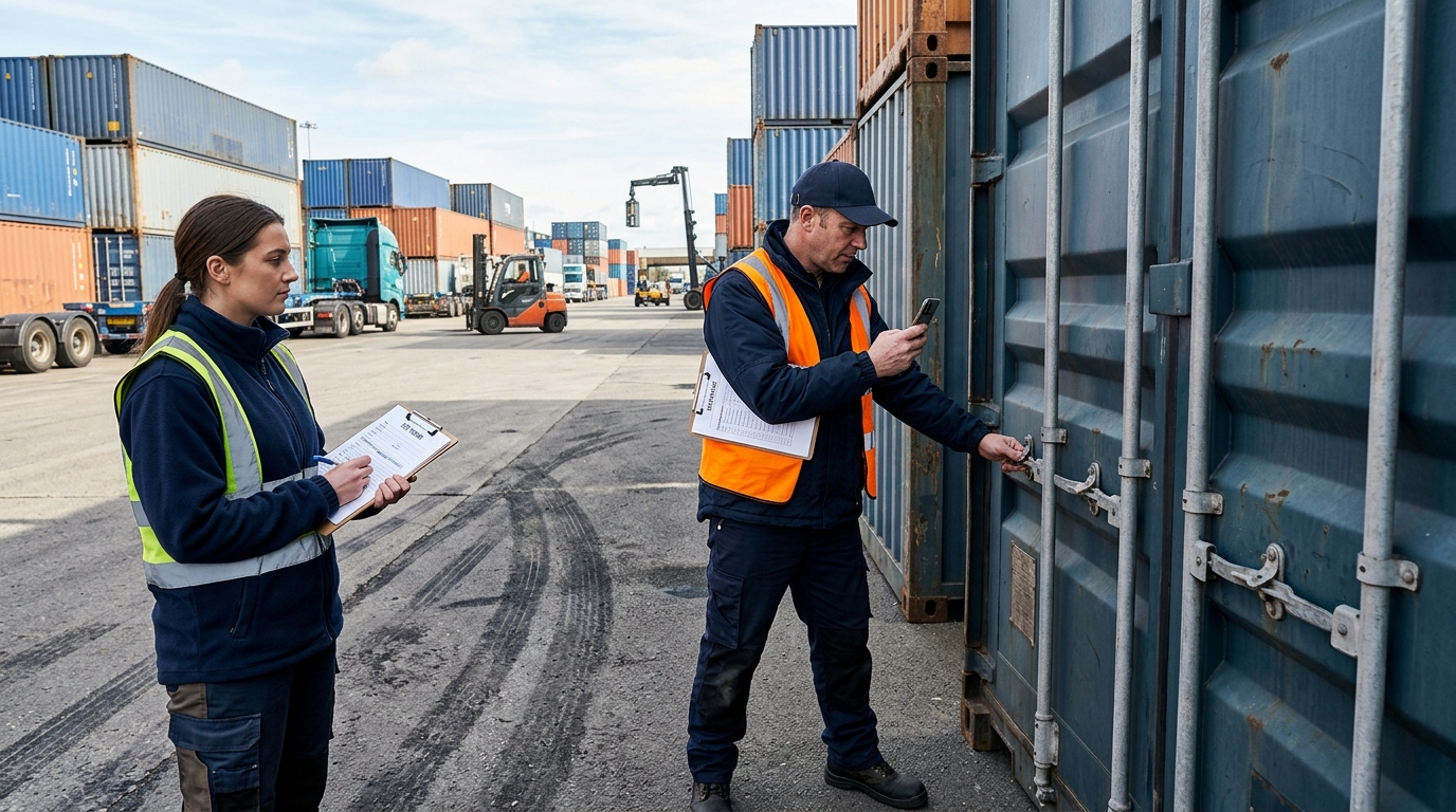 Tài xế kiểm tra và chụp ảnh container trước khi ký EIR tại depot
