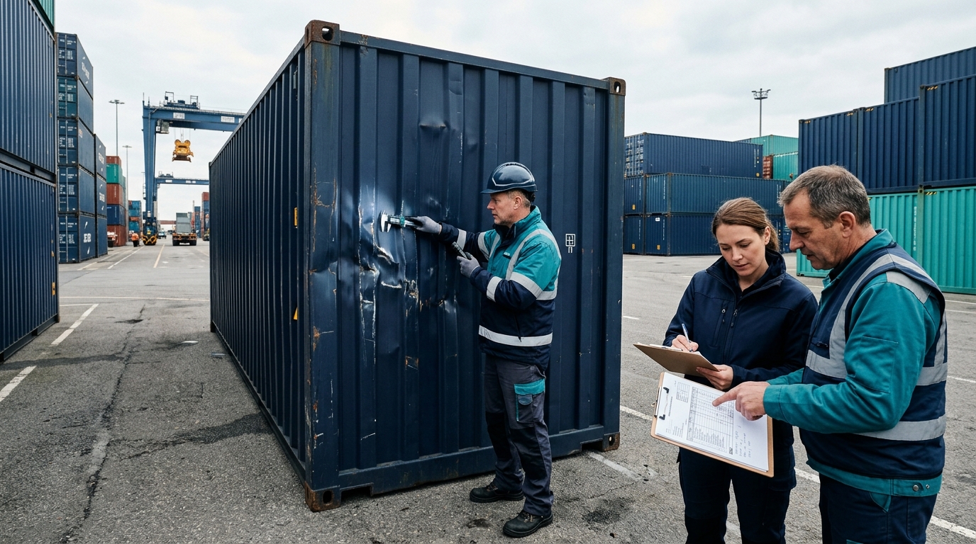 Giám định viên đánh giá container hư hỏng tại depot và rà soát báo giá sửa chữa
