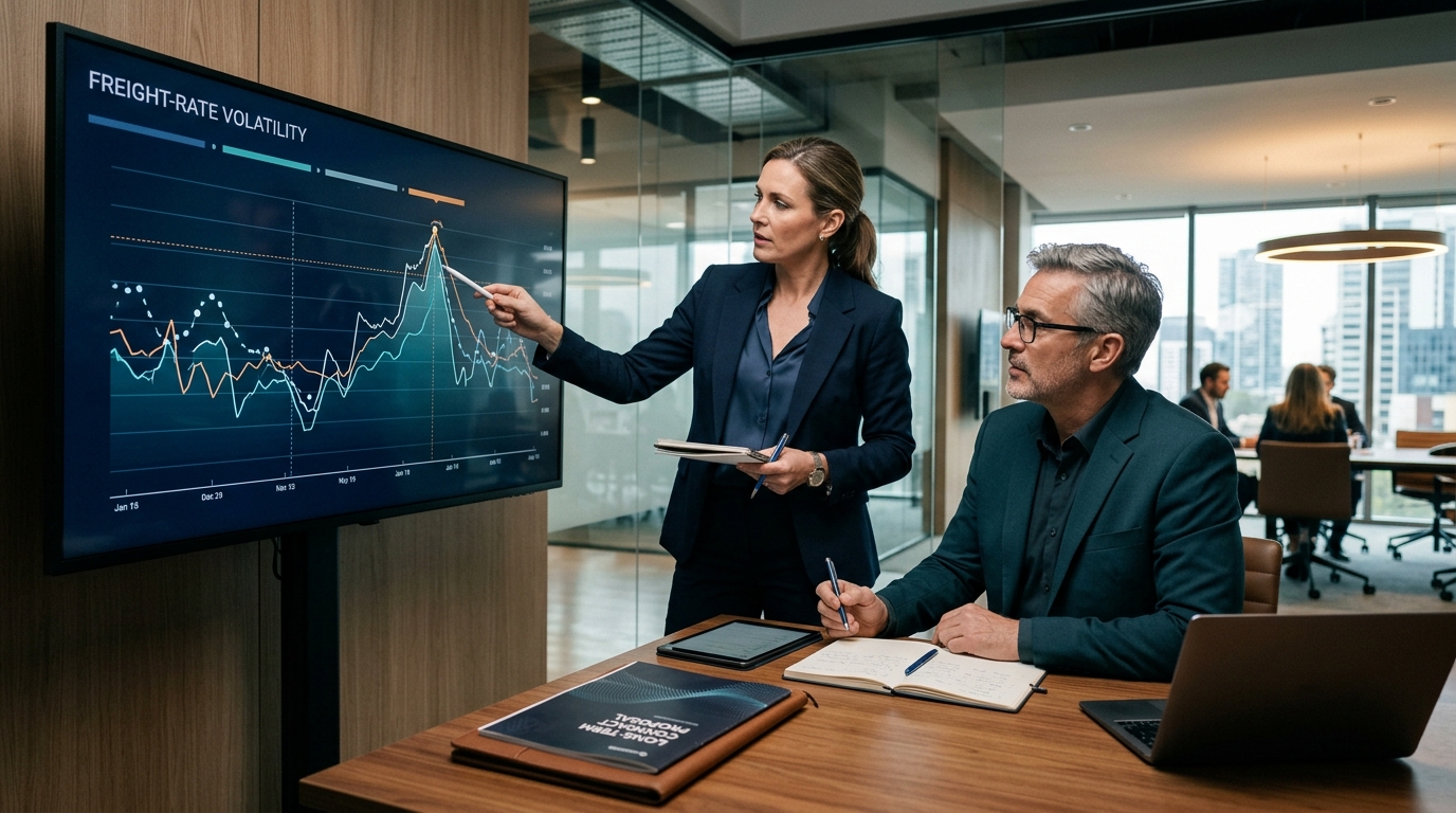 CFO và quản lý logistics rà soát biểu đồ biến động cước và hợp đồng dài hạn
