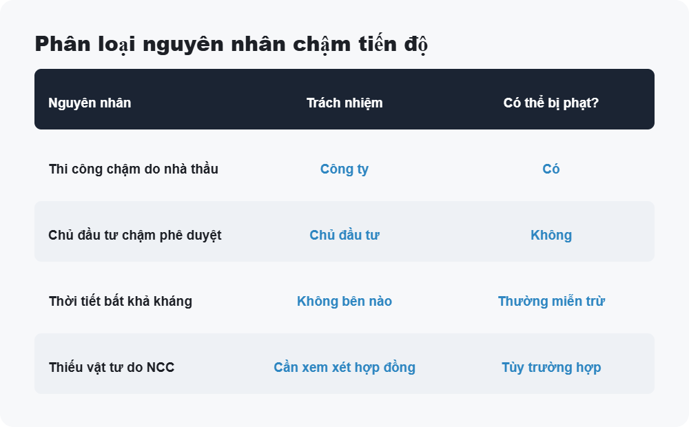 Phân loại nguyên nhân chậm tiến độ