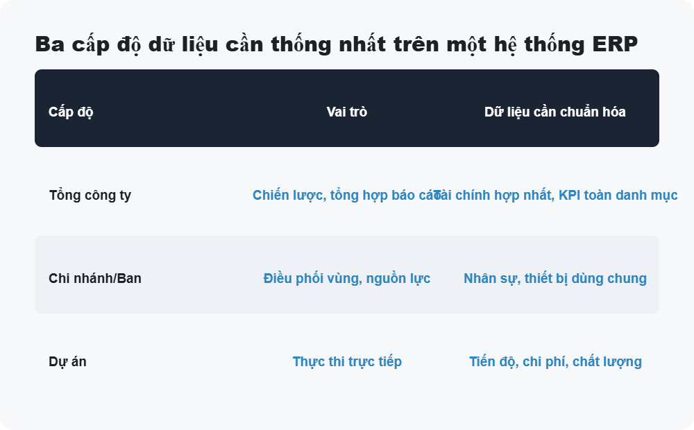 Ba cấp độ dữ liệu cần thống nhất trên một hệ thống ERP