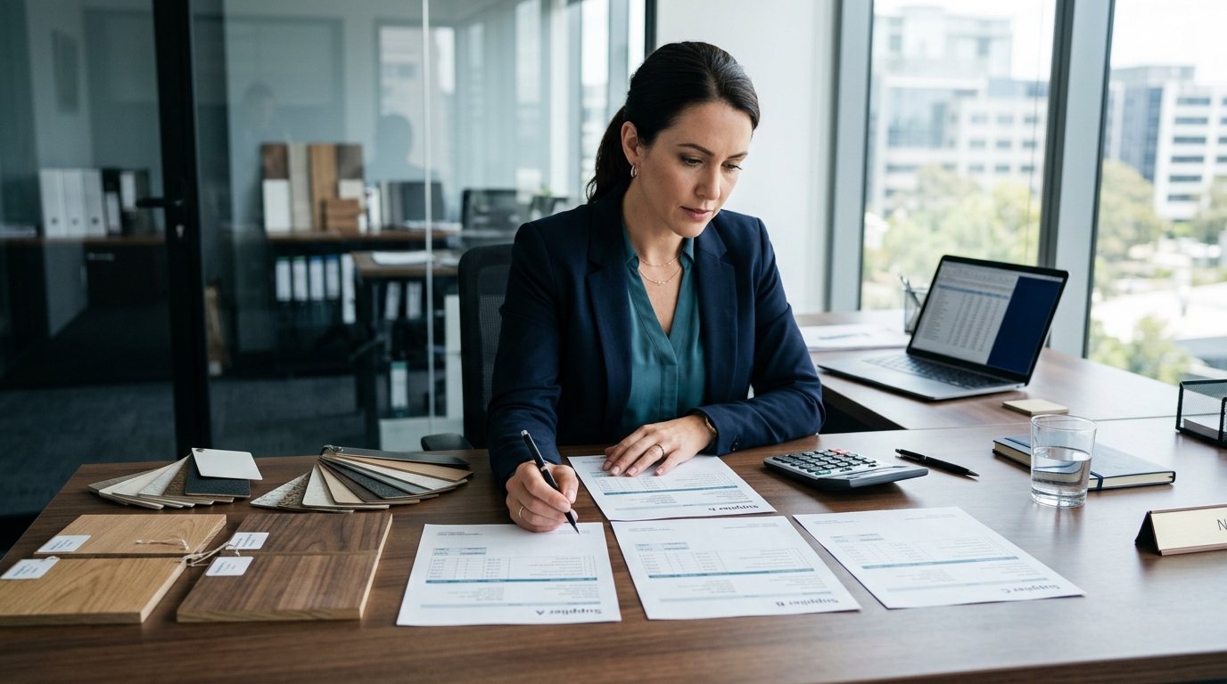 Nhân viên mua hàng so sánh các báo giá nhà cung cấp vật tư nội thất trong bước RFQ