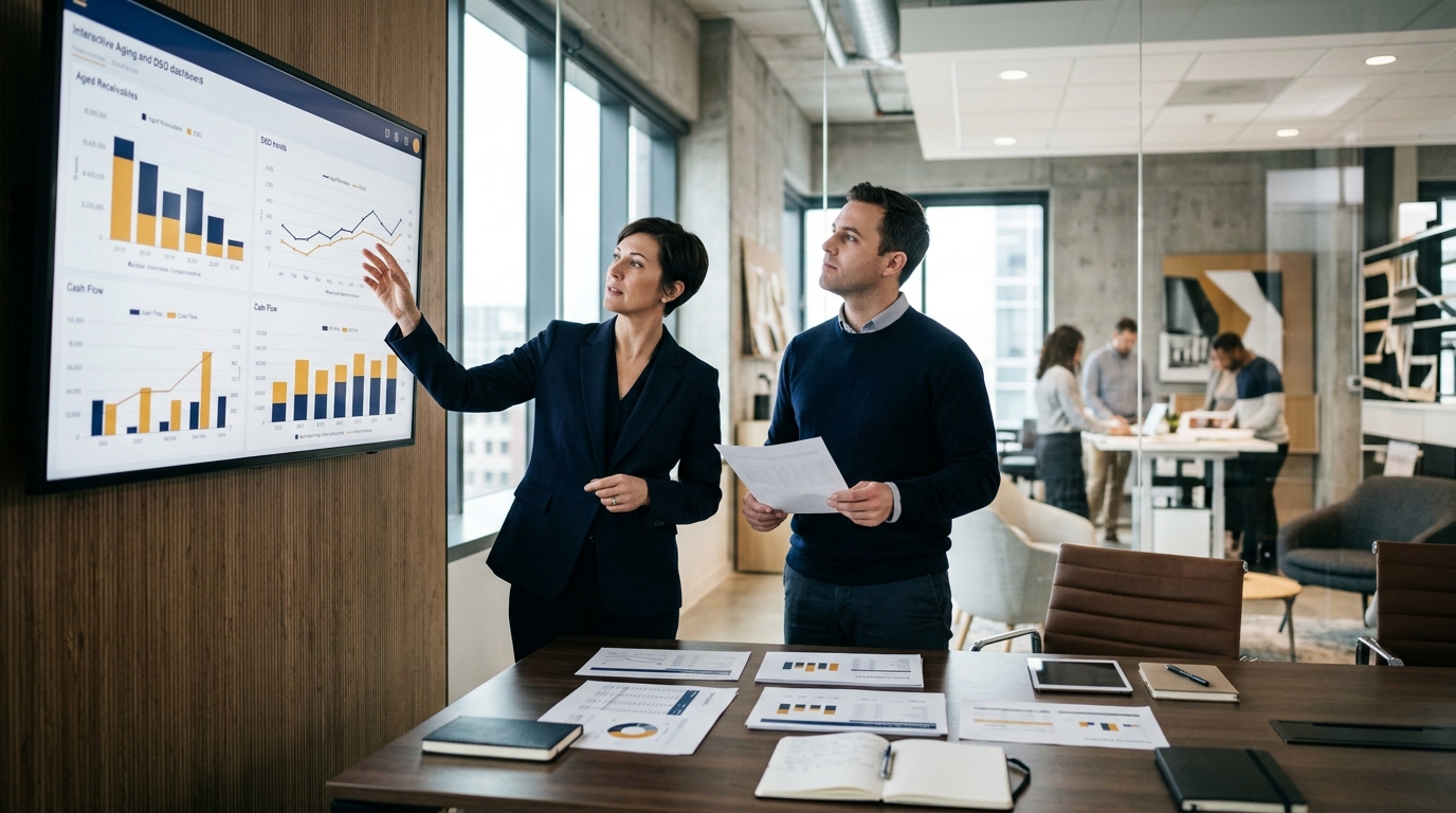 CFO và kế toán rà soát bảng tuổi nợ và chỉ số DSO trong cuộc họp tài chính của doanh nghiệp nội thất