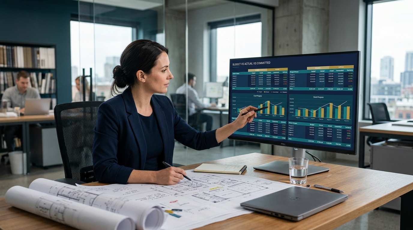 Bảng kiểm soát chi phí công trình nội thất với Budget, Actual, Committed và EAC