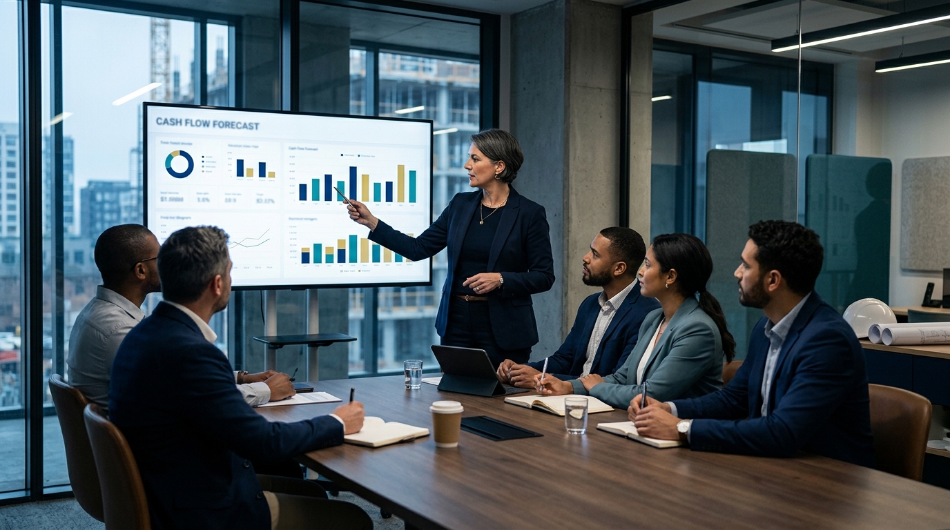 Ban điều hành nội thất xem dashboard dự báo dòng tiền công trình theo tuần