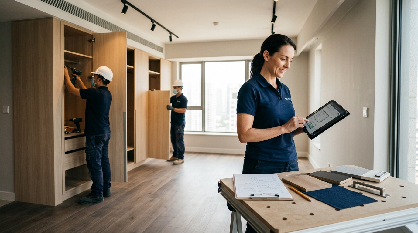 Chỉ huy trưởng công trình nội thất tại hiện trường với bảng kiểm và máy tính bảng