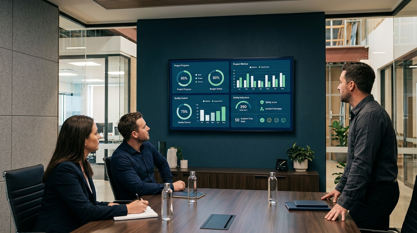 Một màn hình dashboard với bốn nhóm KPI tiến độ, chất lượng, khách hàng và chi phí – an toàn