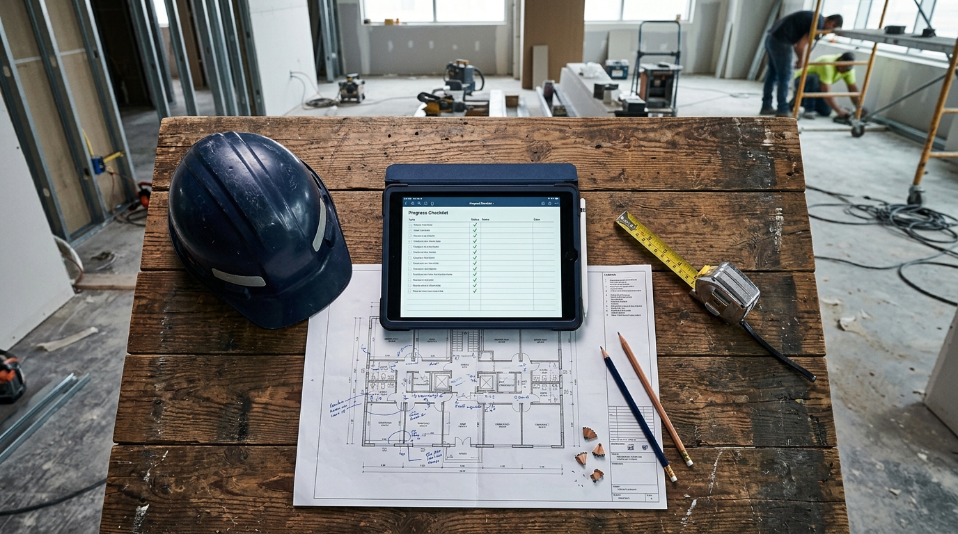 Bộ công cụ tiến độ nội thất: biểu mẫu cập nhật, kế hoạch lookahead và dashboard trên tablet tại công trình