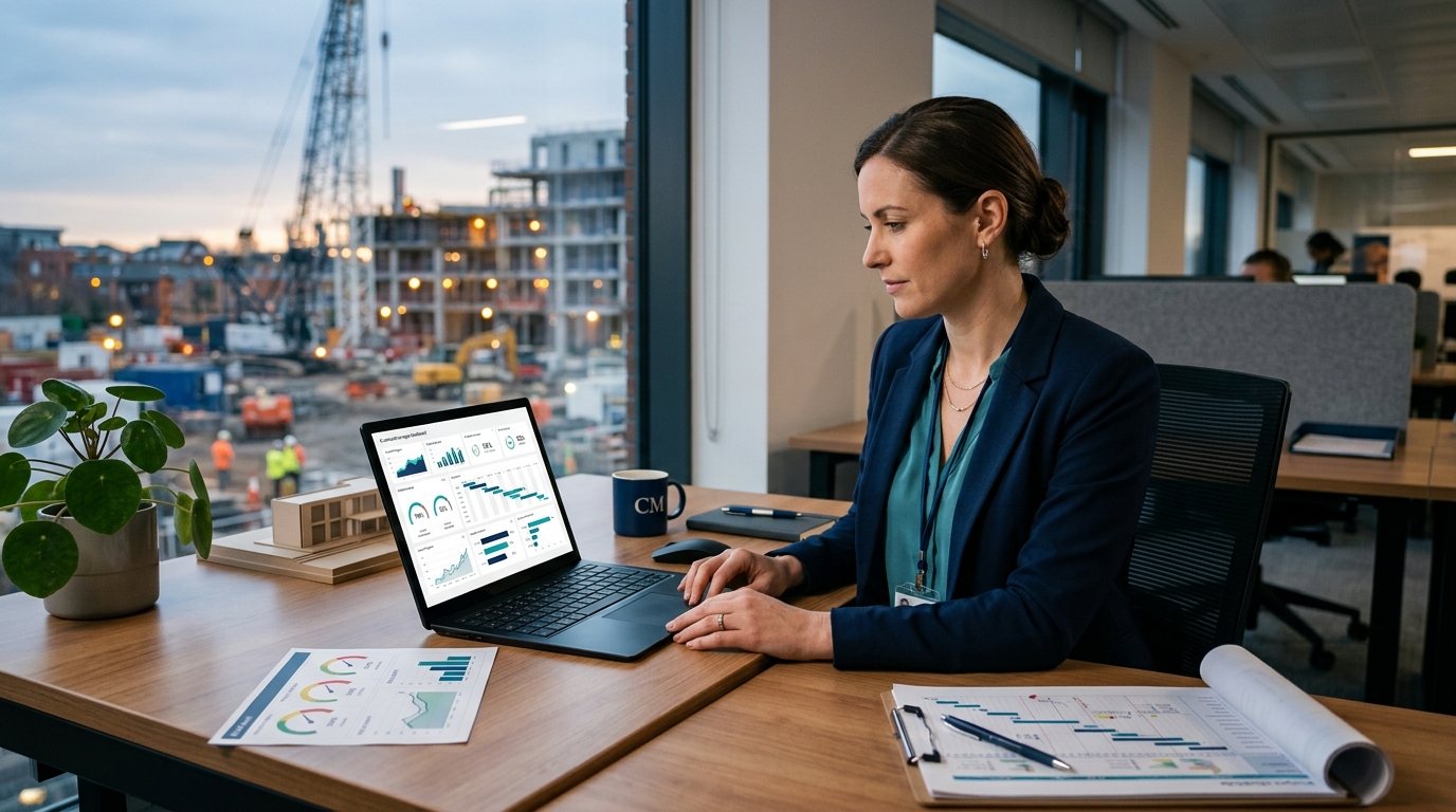 Quản lý đọc dashboard KPI tiến độ công trường và biểu mẫu PPC trên laptop văn phòng