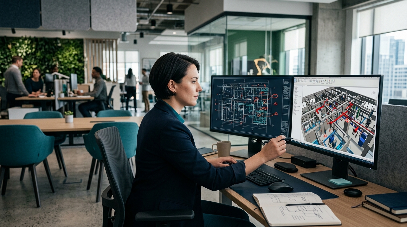 BIM Coordinator đối chiếu shop drawing điện với model BIM trên hai màn hình