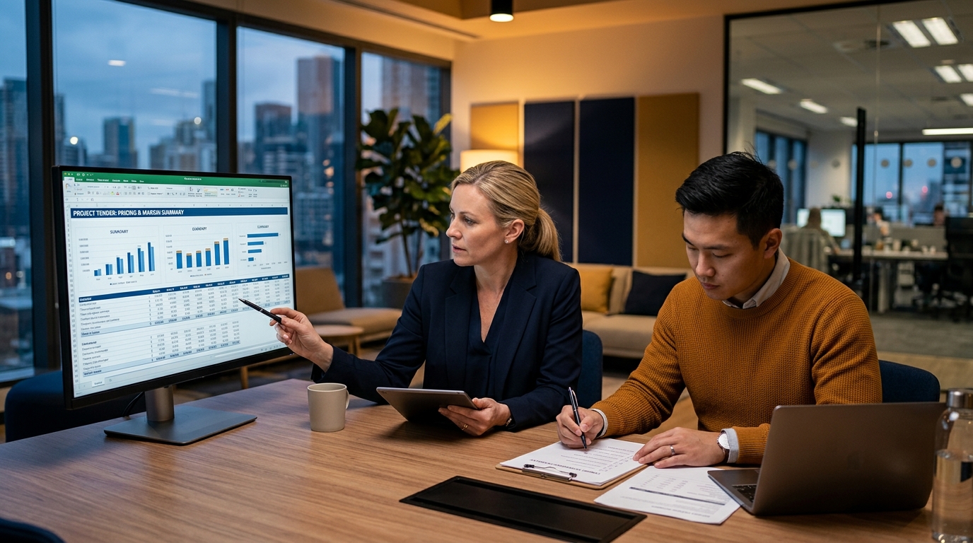 Trưởng Kinh doanh rà soát giá dự thầu cùng checklist tuân thủ hồ sơ