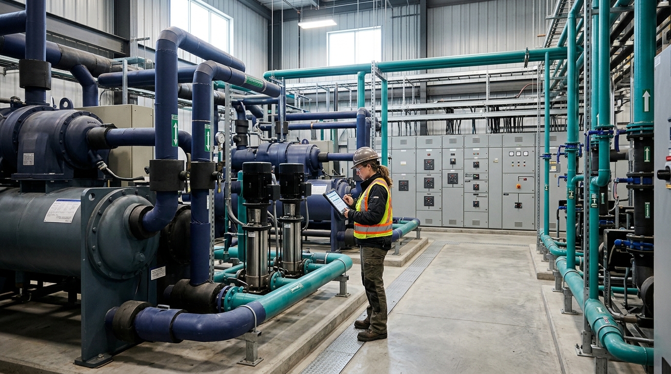 Phong may MEP voi chiller HVAC, bom, tu dien va duong ong trong qua trinh chay thu