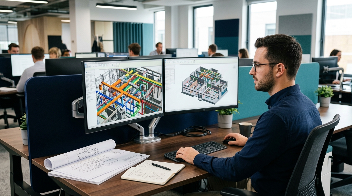 Kỹ sư BIM MEP đọc mô hình 3D hợp nhất các hệ HVAC, điện và cấp thoát nước