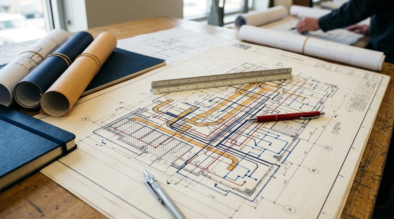 Bộ shop drawing MEP các hệ điện, HVAC và PCCC trải trên bàn kiểm tra
