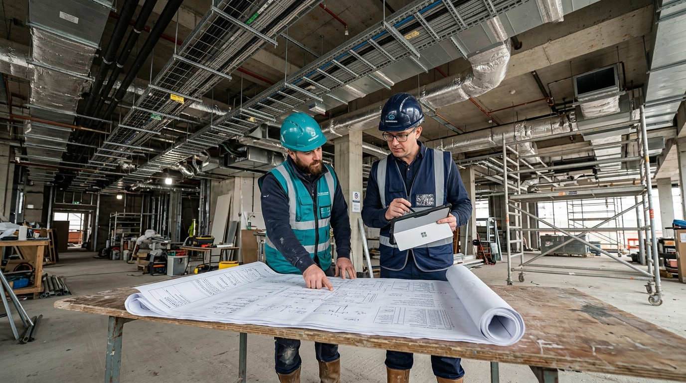Kỹ sư Technical và tổ trưởng đối chiếu revision bản vẽ tại khu vực trần đang thi công